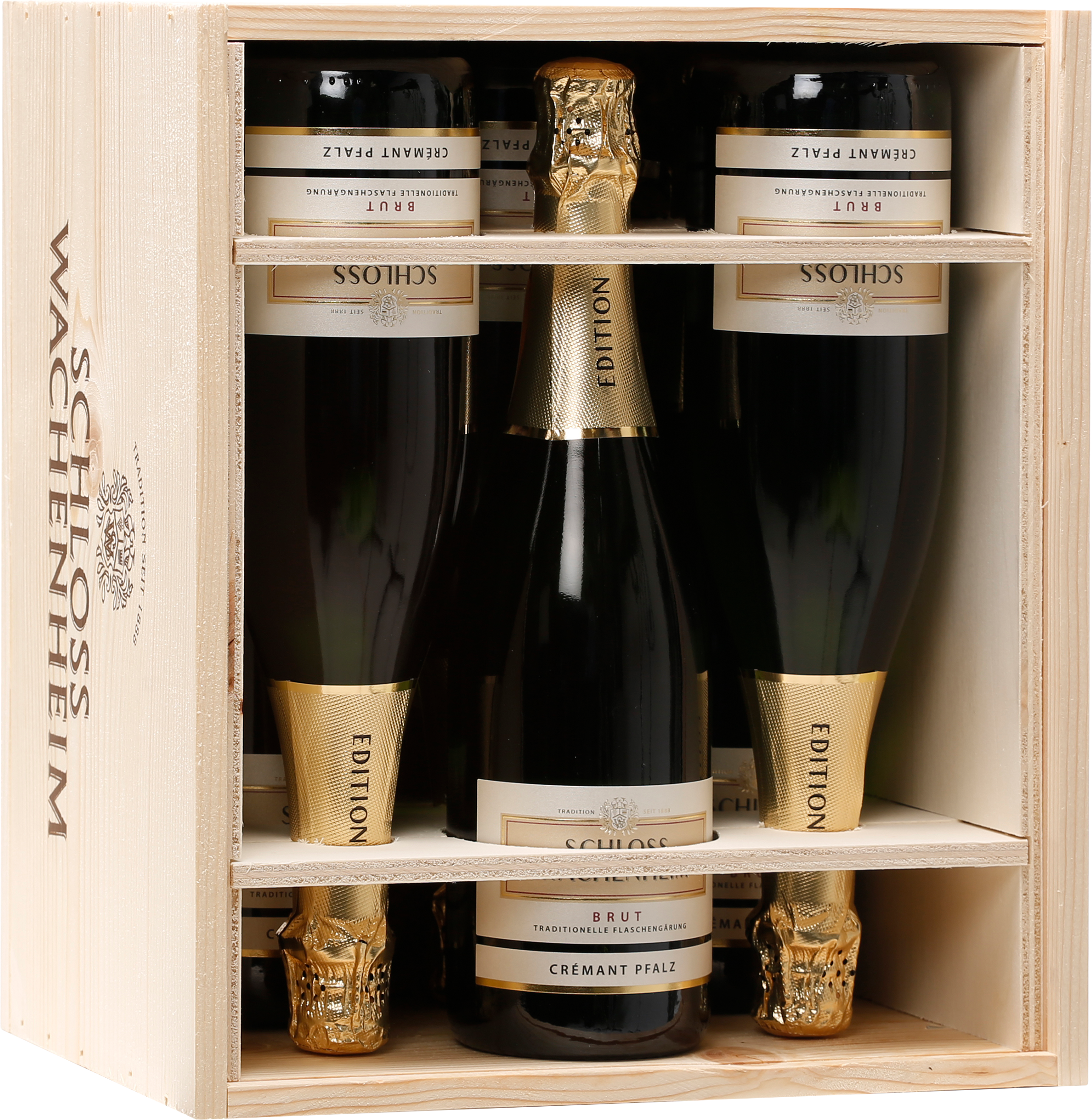 Bild: Abbildung zeigt das Produkt 6 Flaschen Crémant Pfalz in einer hochwertigen Holzkiste