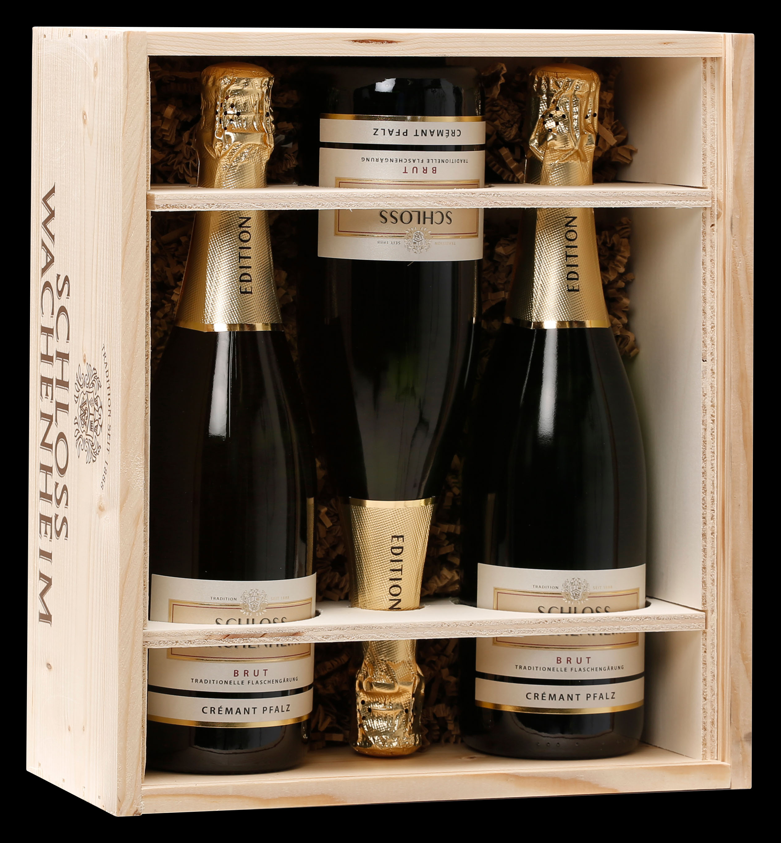 Bild: Abbildung zeigt das Produkt 3 Flaschen Crémant Pfalz in einer hochwertigen Holzkiste inklusive Sektverschluss
